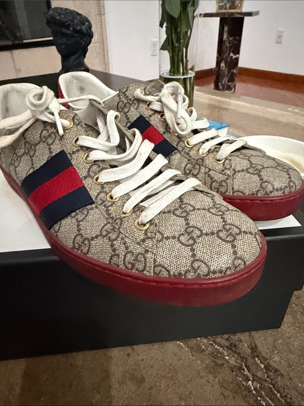 Gucci Beige GG Canvas Sneakers with Red & Navy Web and Red Sole